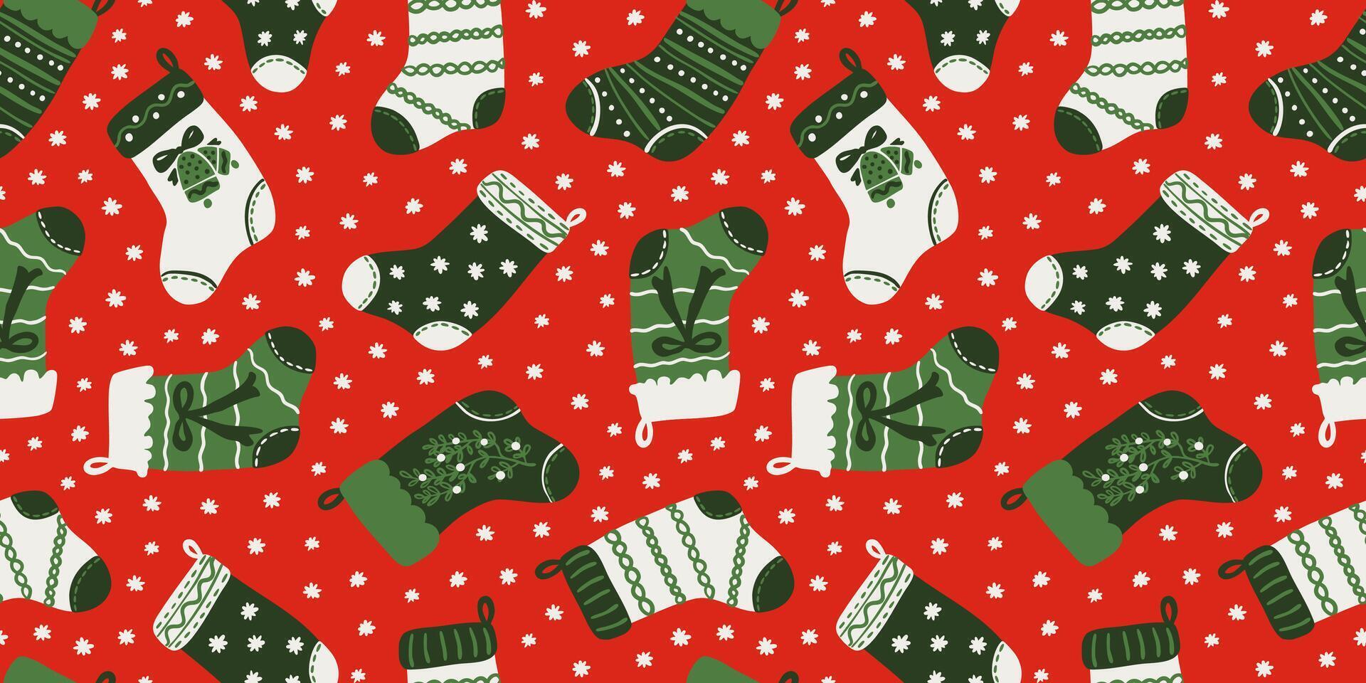 Cute Christmas stockings and snowflakes seamless repeat pattern. Holiday season background with Christmas hanging socks for wrapping paper, textile design. vector