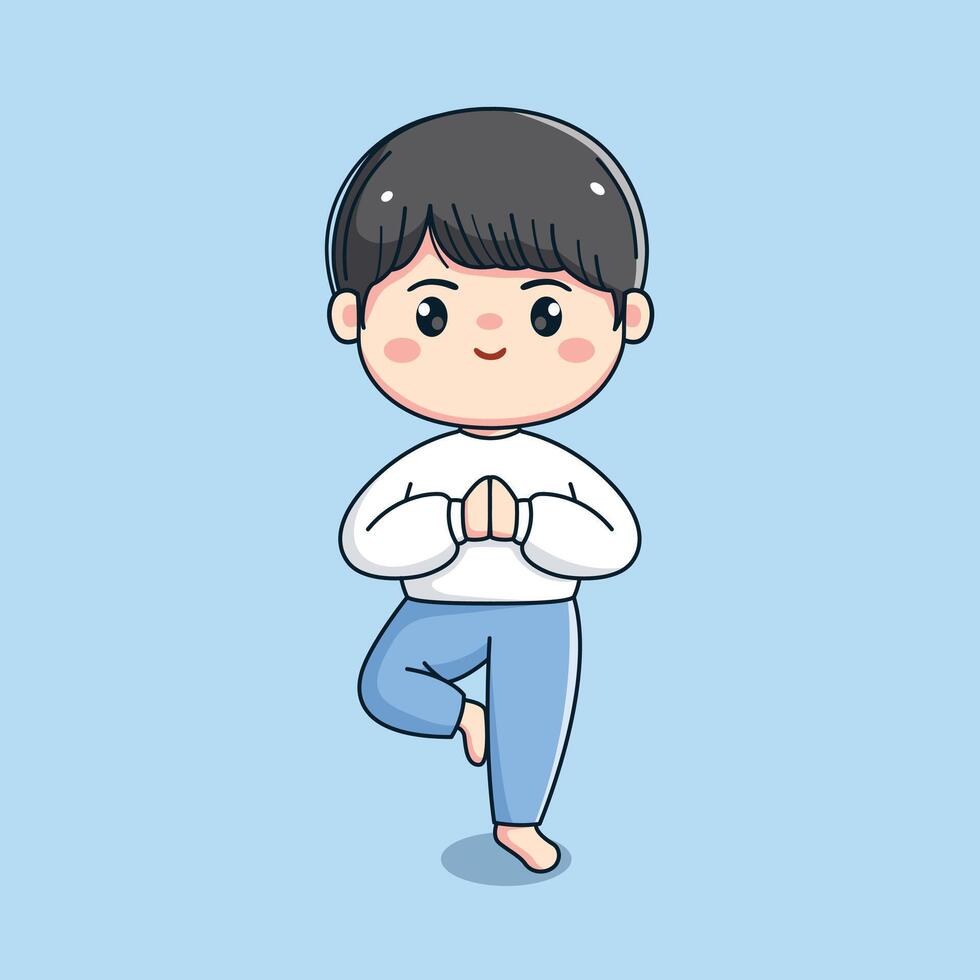 cute boy character doing yoga vector