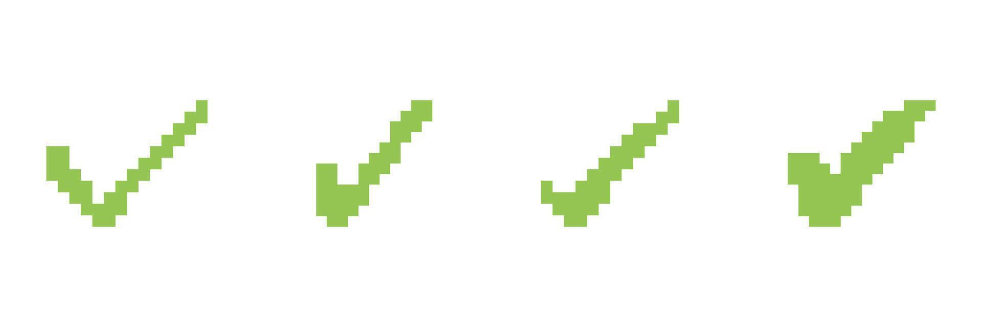 Pixel Art Green Check Marks Set in Various Shapes. Validation and Confirmation Symbol Collection. Success and Approval Sign. Isolated Illustration vector