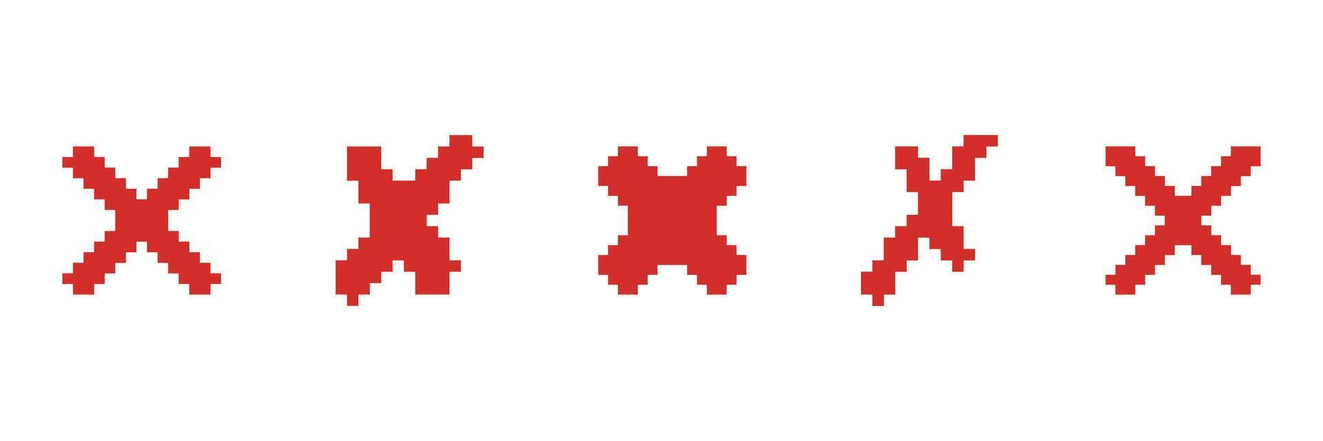 Set of Pixelated Red X Icons in Various Forms. Error or Cancel Symbols Collection in Pixel Art Style. Denial and Cancellation Icons for UI Retro Design. Isolated Illustration vector