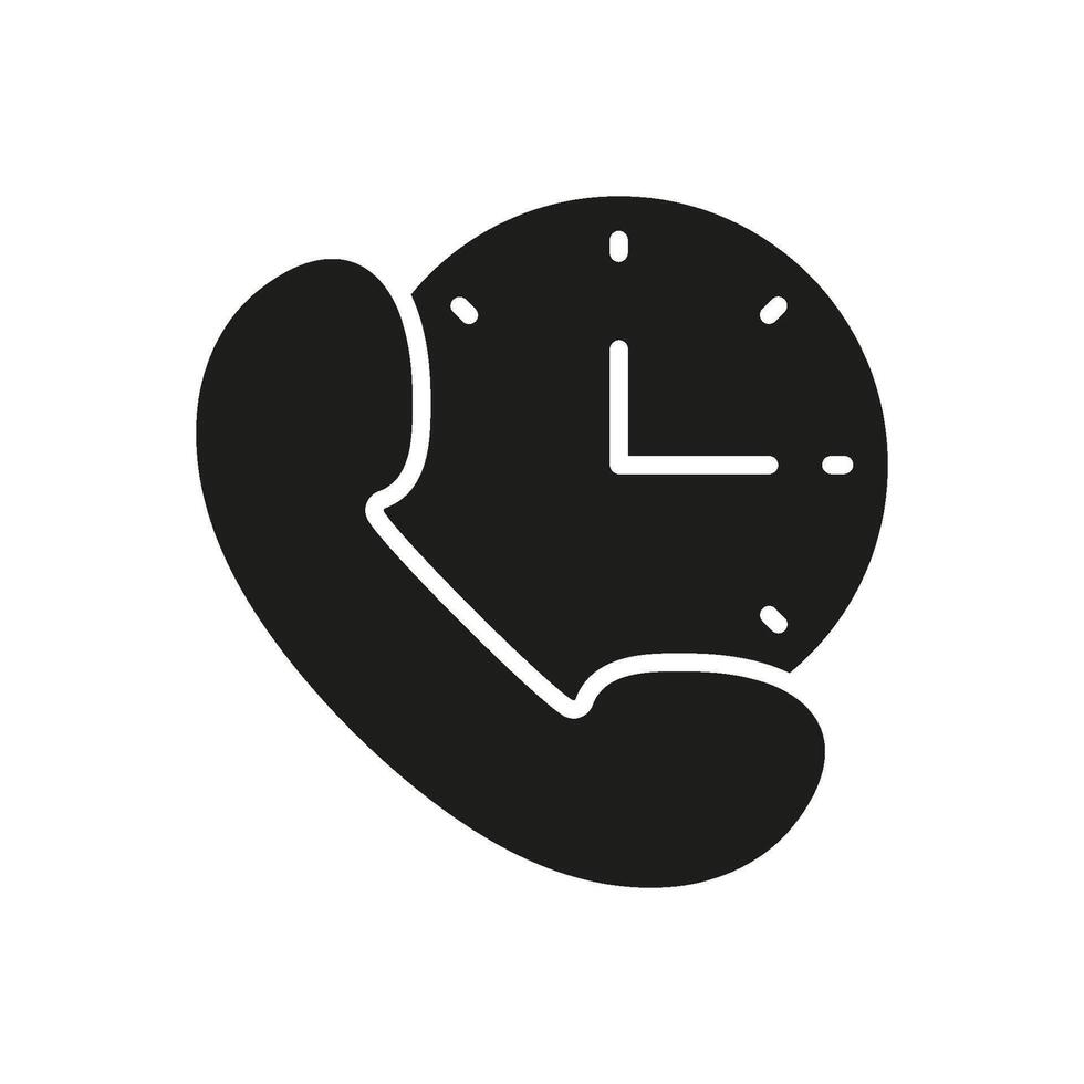 Communication Support Silhouette Icon with Clock and Phone. Customer Service Glyph Symbol. Isolated Illustration vector