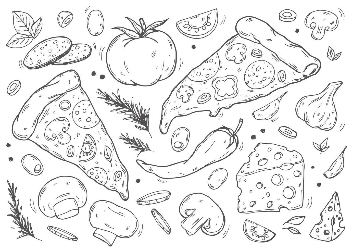 Cute set of pizza, Italian cuisine, slice of pizza, pizza box, satisfied cook. Pizza lover. Doodle style. Hand drawn. Great for menu design, banners, sites, packaging. vector