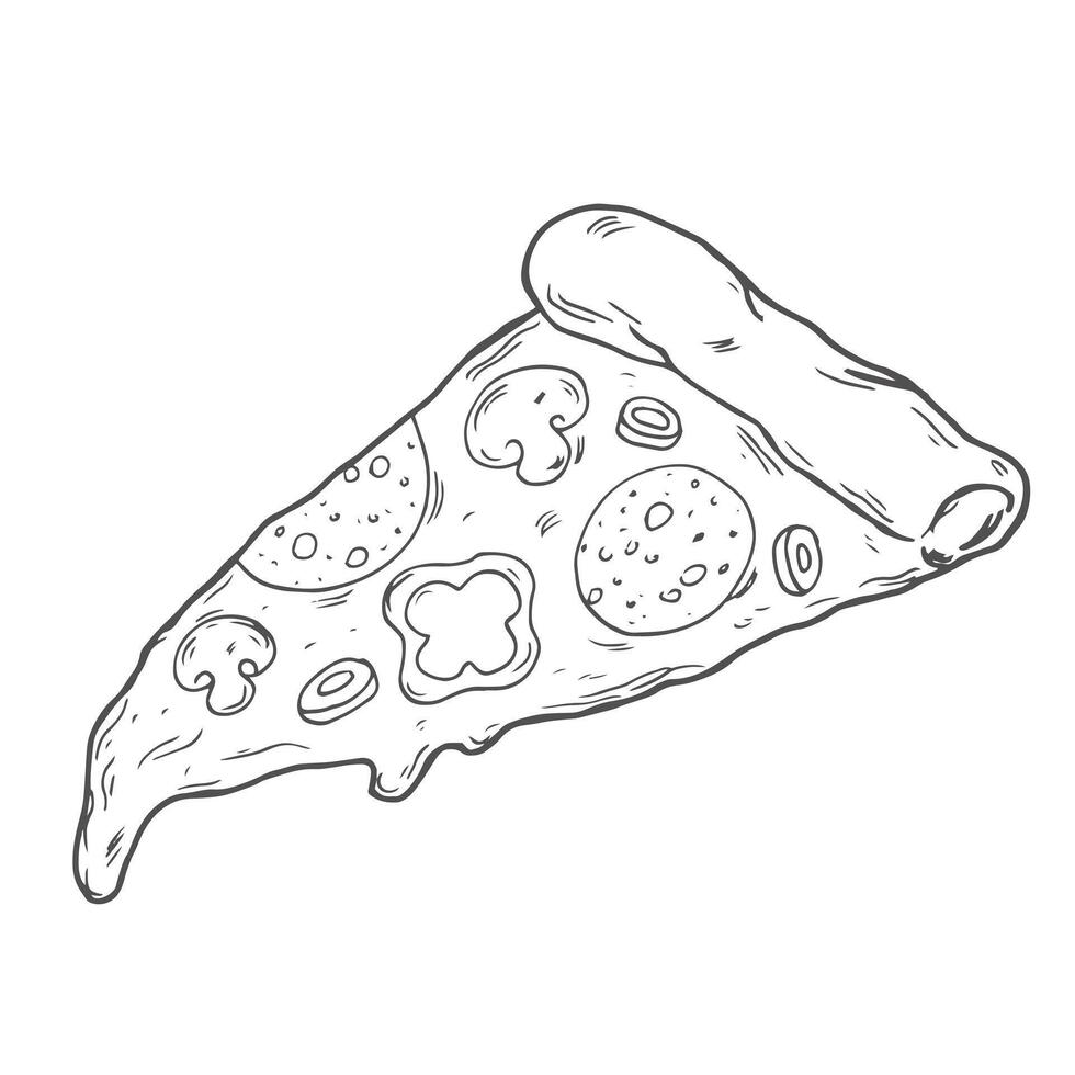 illustration. Pizza slice with melted cheese and pepperoni. Hand drawn doodle. Cartoon sketch. Decoration for greeting cards, posters, emblems vector