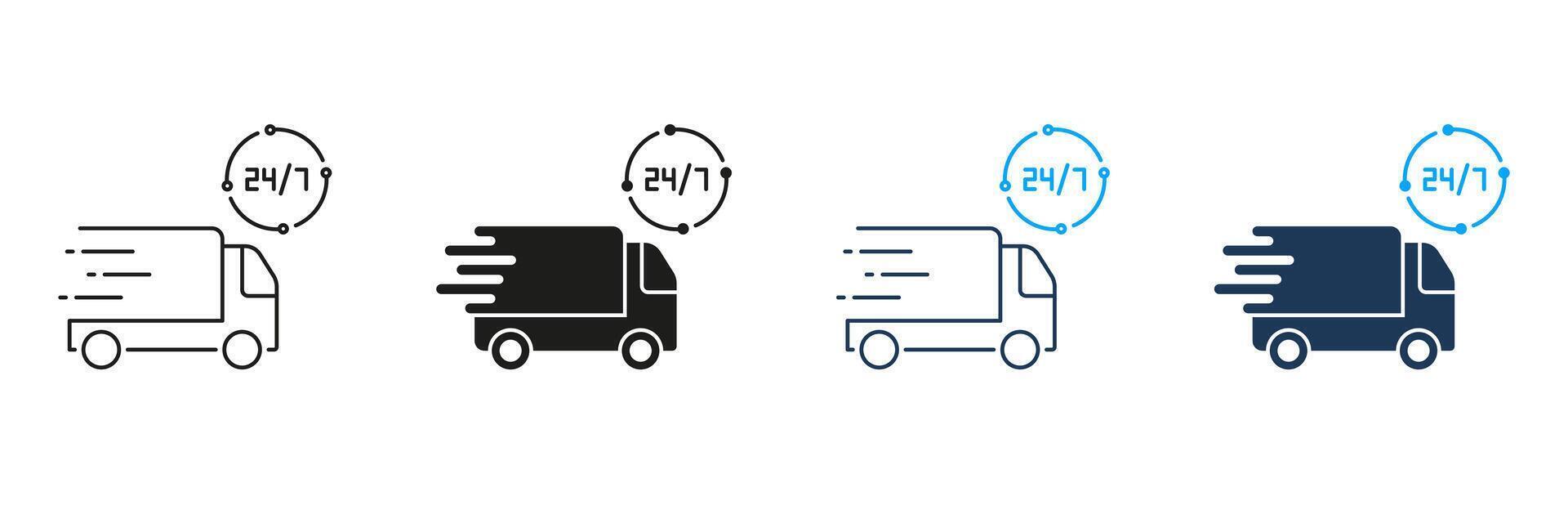 Delivery Service Around The Clock Line and Silhouette Icon Set. Parcel Shipment Time Pictogram. Twenty Four Hour Delivery Sign. Editable Stroke. Isolated Illustration vector