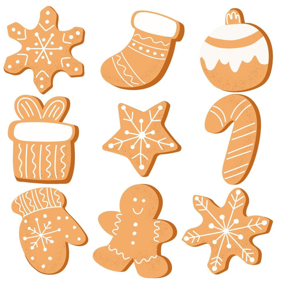 Christmas Gingerbread Cookies. Winter sweet homemade biscuits in different shapes isolated on white background. vector