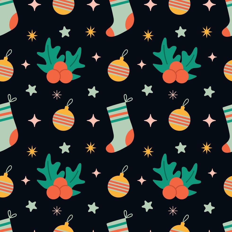 Christmas seamless pattern. Holly, Christmas sock and Christmas tree decoration on a dark background. illustration for background, greeting card, fabric, packaging, wrapping paper vector