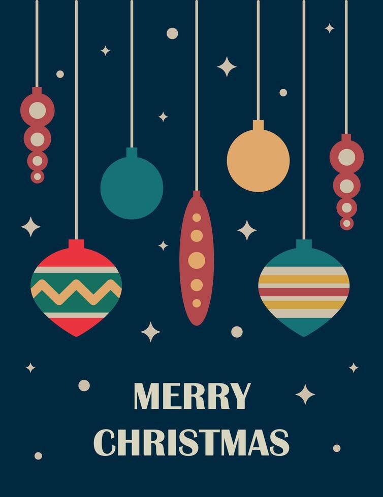 Christmas greeting card in retro style. Christmas tree toys, stars and snow on a dark blue background. illustration for holiday design vector