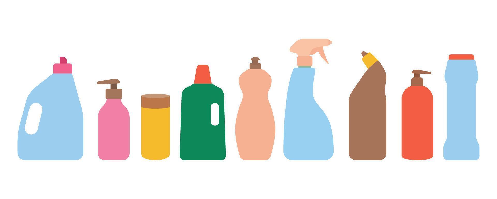 Household chemicals, cleaning products set. Various plastic bottles and jars with a dispenser or sprayer. Flat illustration in clip art style for background or banner vector