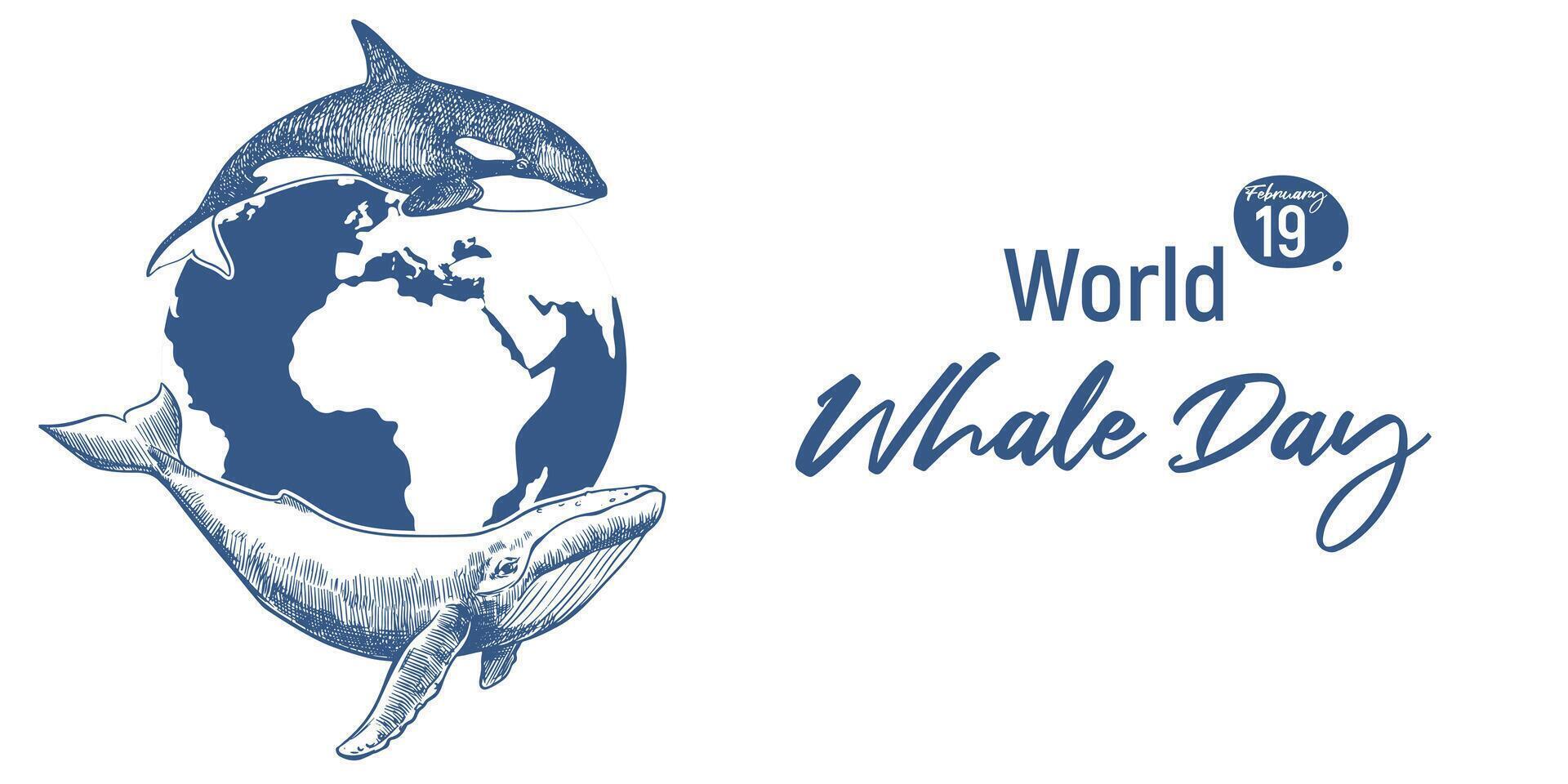 Horizontal banner for World Whale Day, February 19, 2025. Concept of the problem of conservation of marine mammals. linear drawing of a whale and a orca on the background of the planet Earth. vector