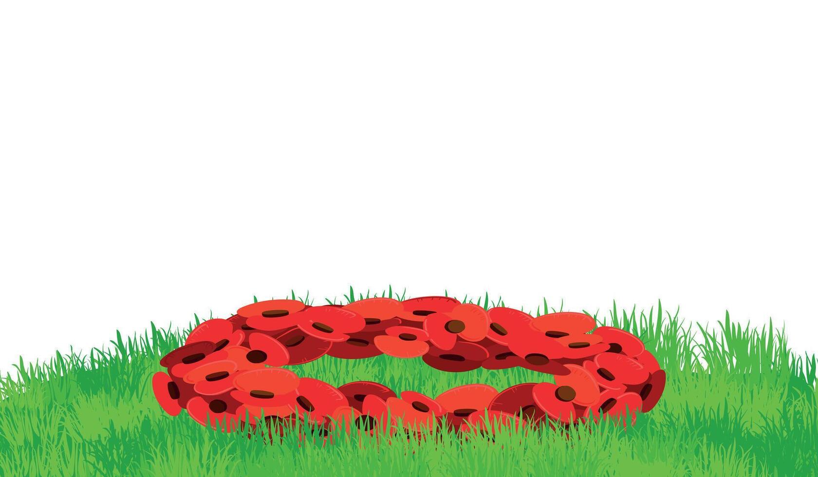 Horizontal banner for Remembrance Day, also known as Poppy Day. Wreath of paper poppies lies on green grass. Traditional symbol of November 11. illustration in flat style. vector