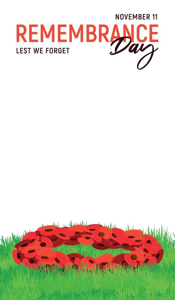 Vertical banner for Poppy Day 2025. Wreath of red paper poppies lies on the lawn. Traditional decoration for the remembrance day on November 11. illustration in flat style. vector