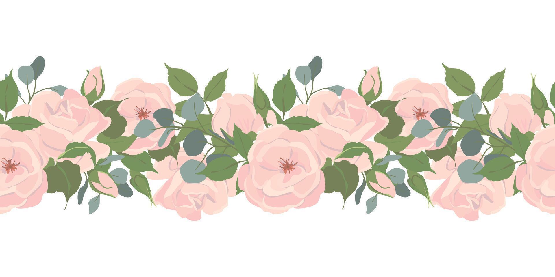 Seamless border of light pink roses and eucalyptus branches. Composition of beautiful flowers, buds, leaves isolated on background. floral illustrations in flat style for wedding design. vector