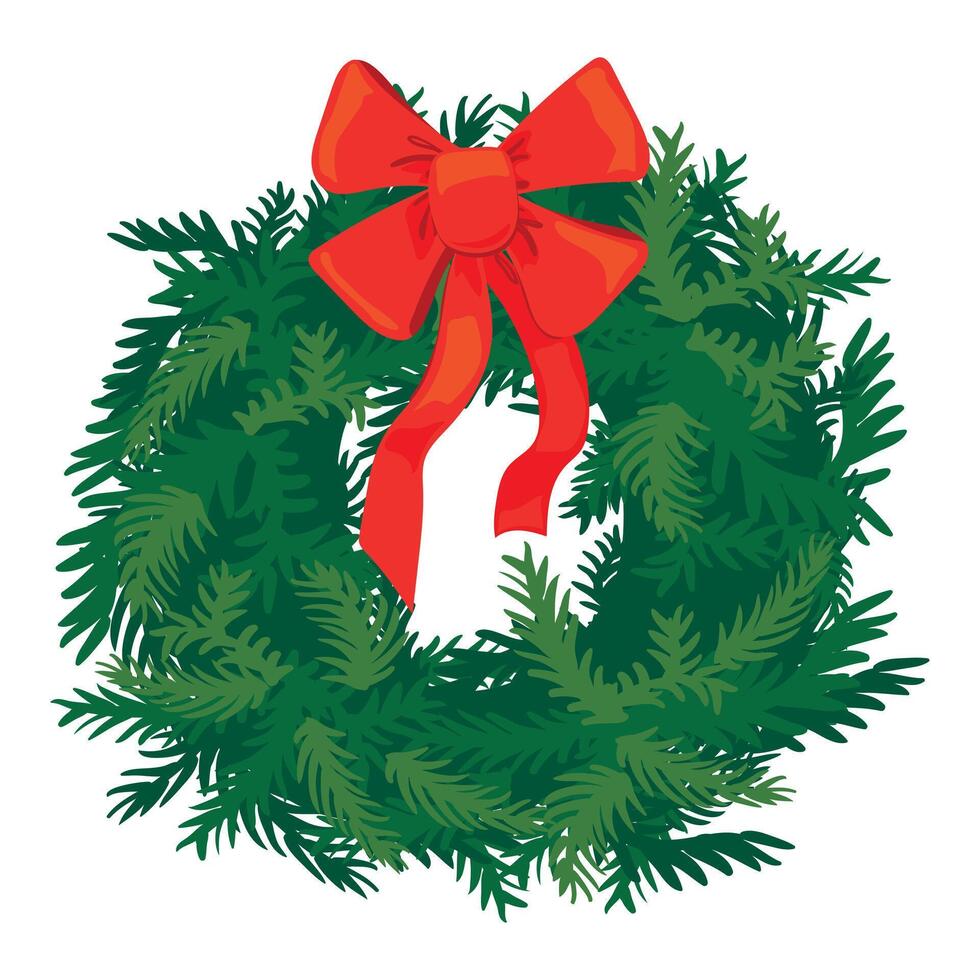 Christmas wreath of evergreen branches on white background. Green fir branches and red bow. Winter Christmas holidays and new year 2025. vector