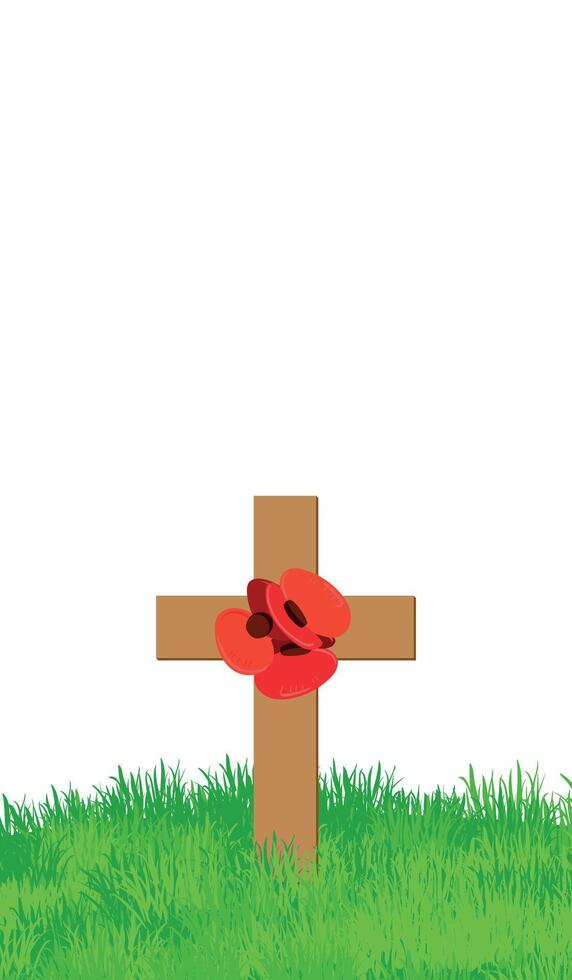 Vertical banner for ANZAC Day 2025. Remembrance Day for fallen soldiers in Australia and New Zealand on April 25. ross with paper red poppy flowers on green grass. illustration Poppy Day. vector