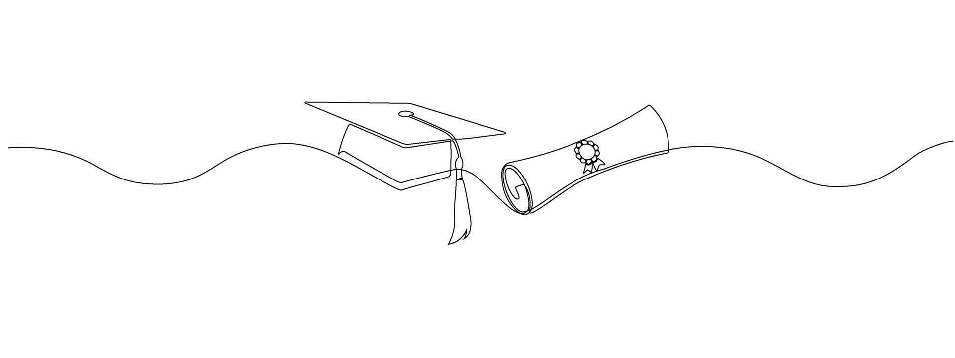 Continuous single line drawing graduation cap and diploma rolled up with award badge .Concept of achievement in education. Illustration. vector