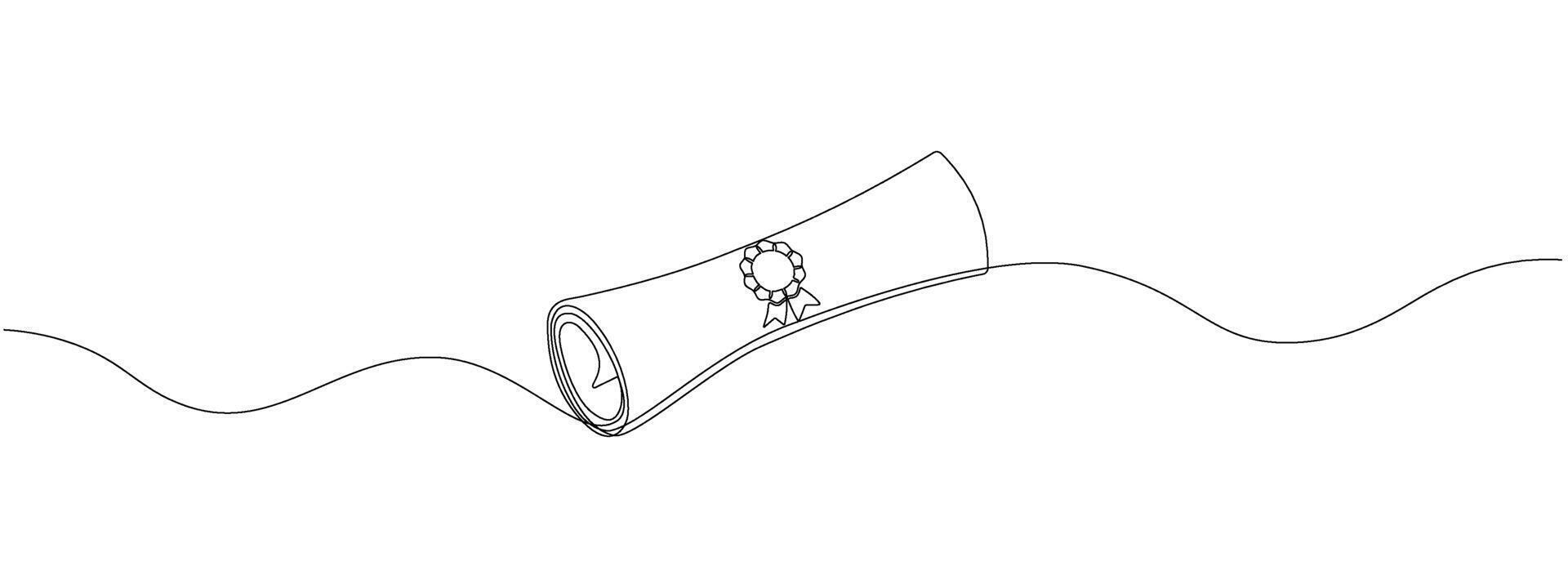 Continuous single line drawn, certificate or diploma with award badge . Single line drawn badge academic scroll paper,. illustration. vector