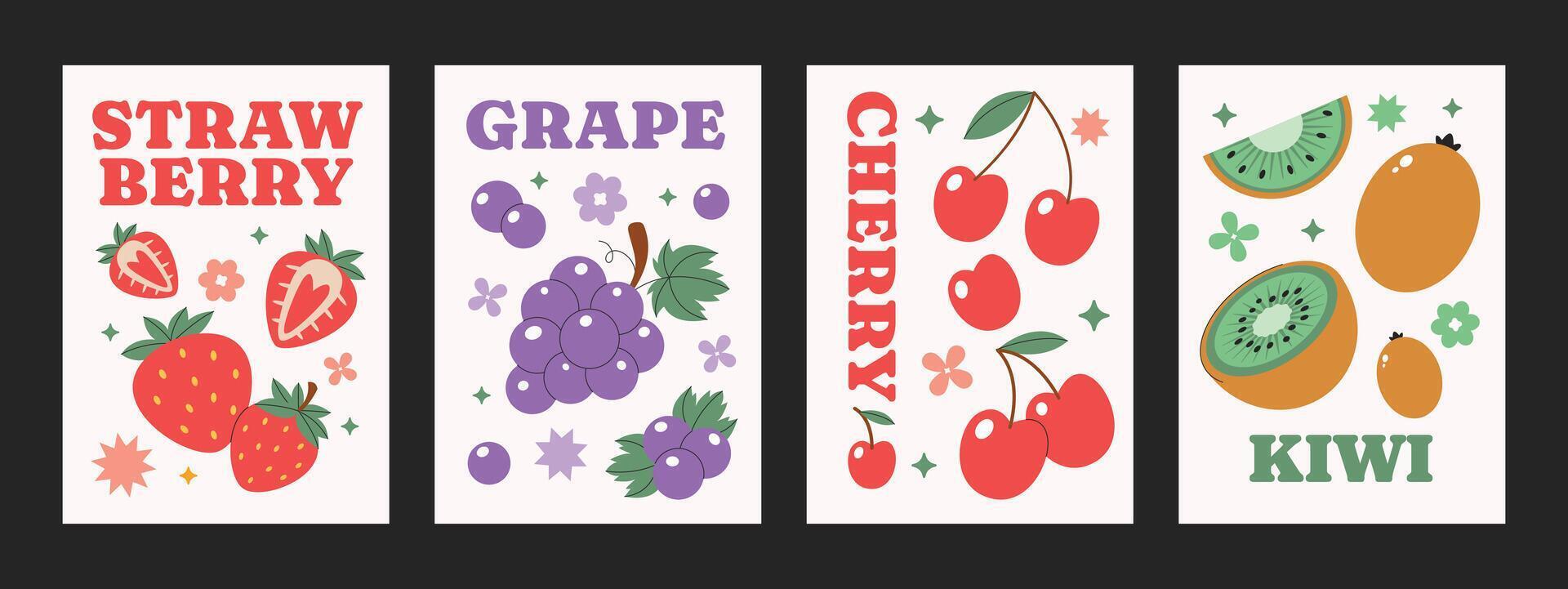 Different variations of poster fruits. Design layout fruits flyer. Strawberry, grape, cherry, kiwi, healthy seasonal fruits. vector
