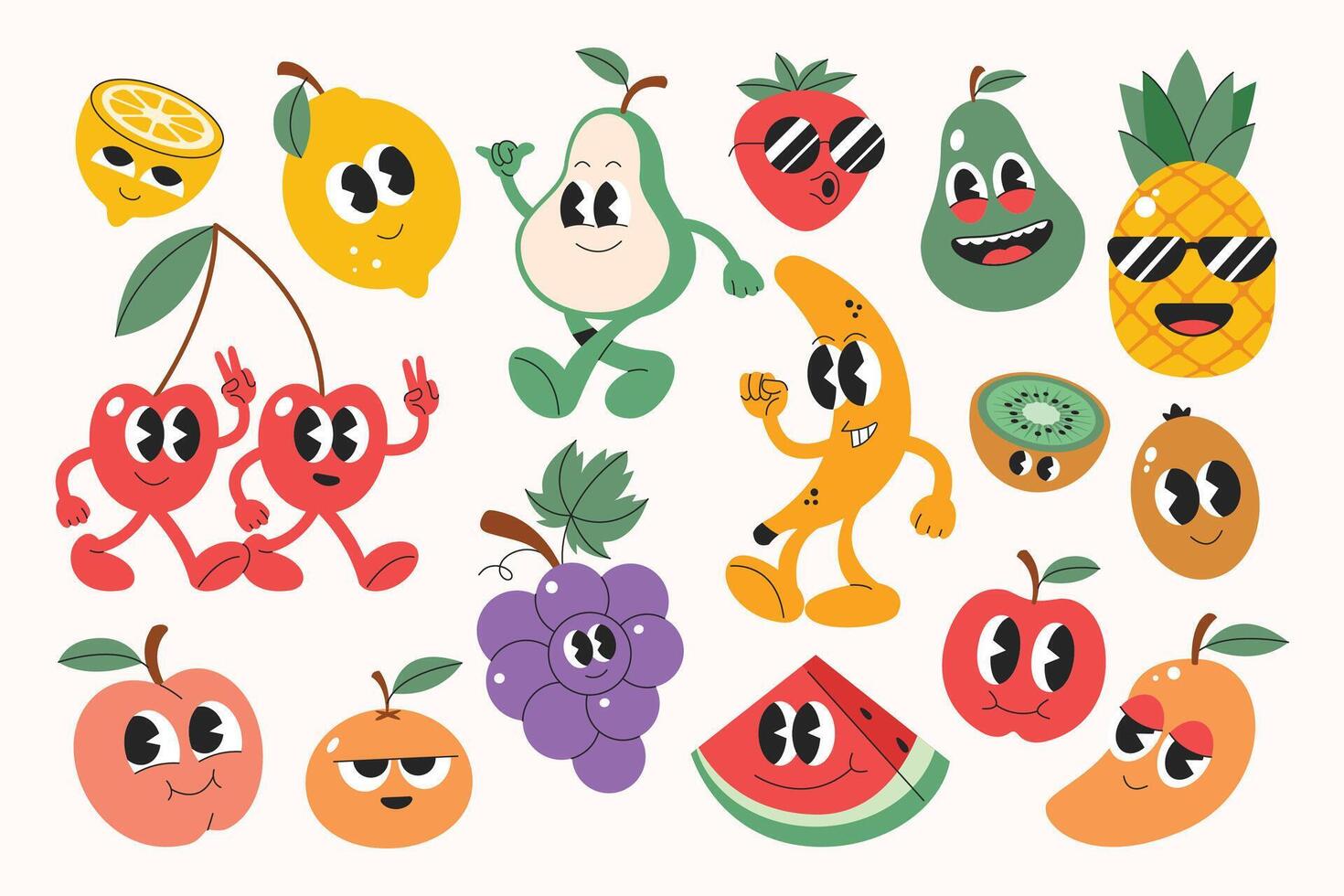 Funny fruits character collection. Seasonal fruits emoji face. Stickers cute fruits in different emoji expression in y2k style. vector