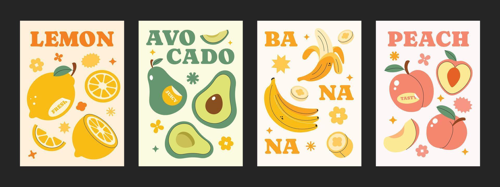 Different variations of poster fruits. Design layout fruits flyer. Lemon, avocado, banana, peach, healthy seasonal fruits. vector