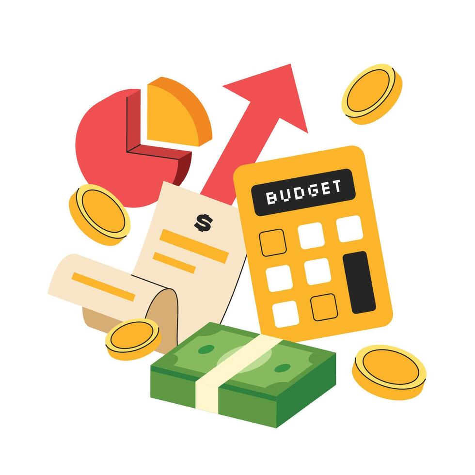 Budgeting concept illustration. Financial calculation paper bill calculator money flow vector