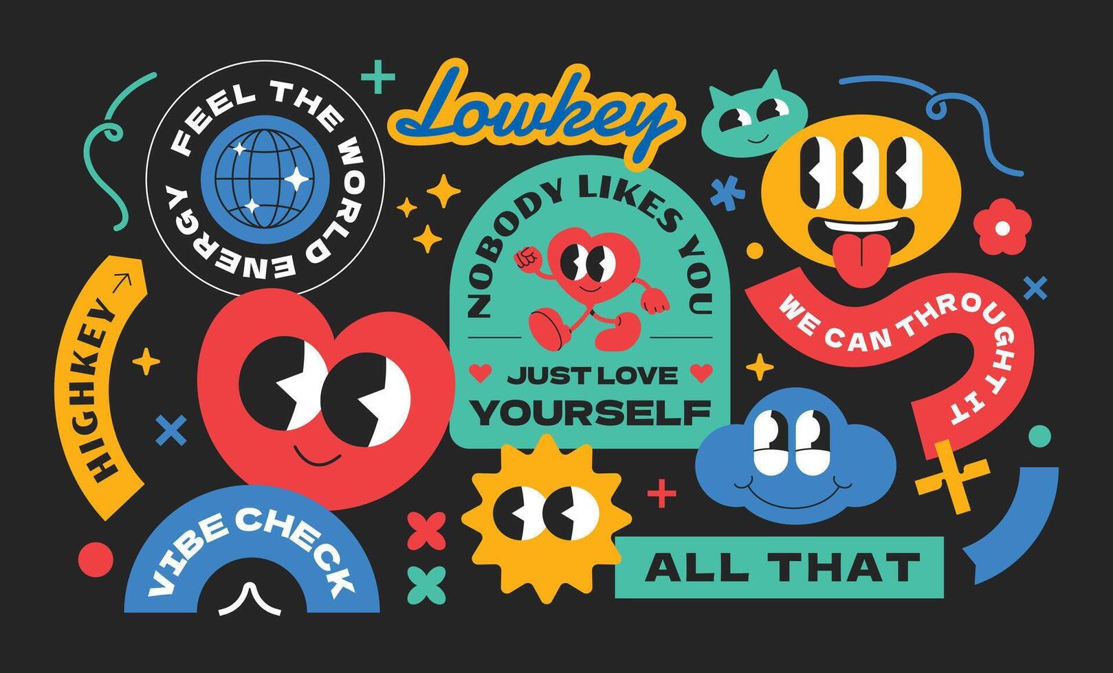 Funny vintage collection stickers. Gen z and millenials word quotes slang. Abstract character art design. Y2k vibrant style. set isolated background. vector