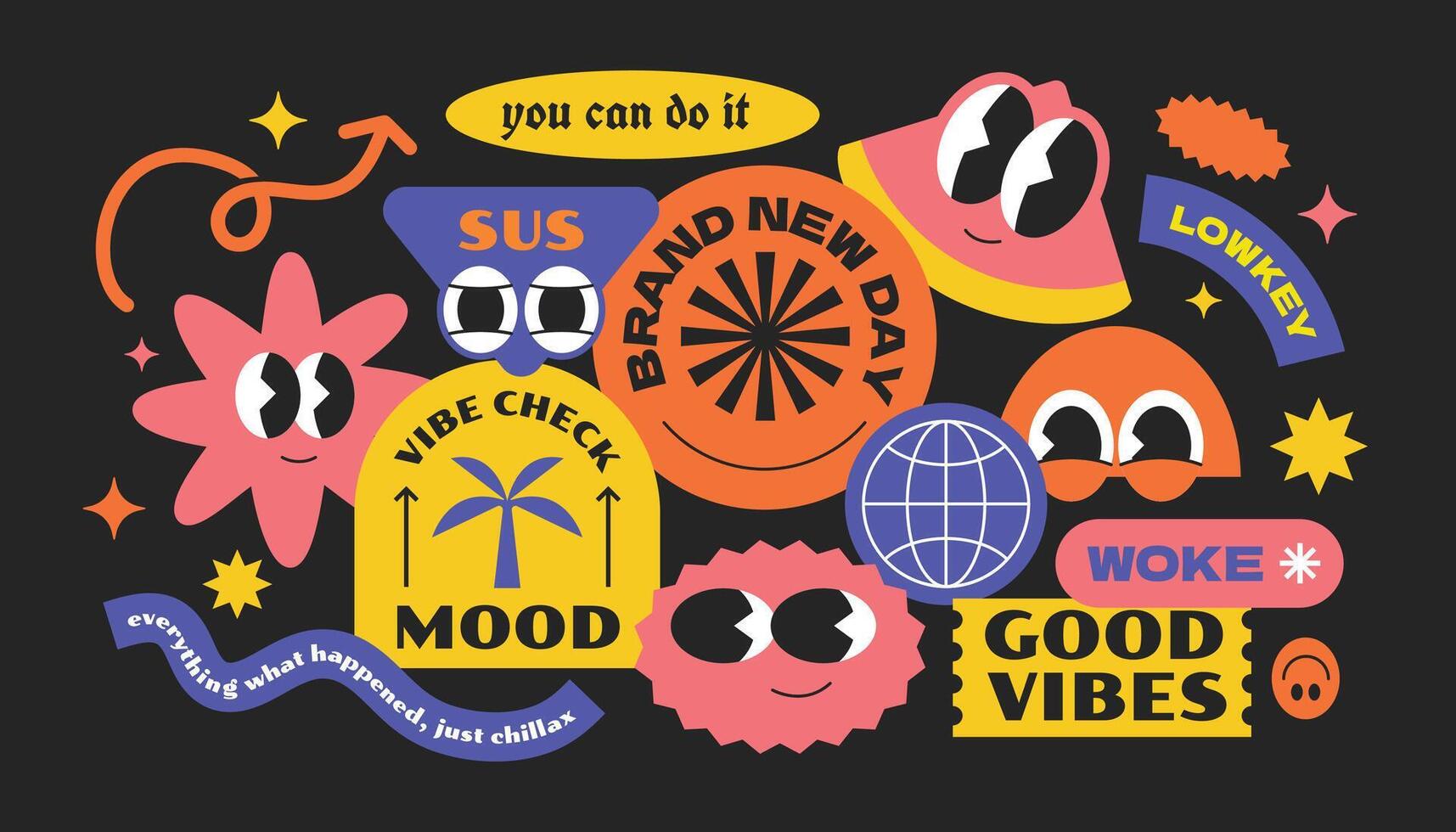 Cool and funny retro collection stickers. Gen z and millenials vintage word quotes slang. Abstract character design. Y2k style art vector