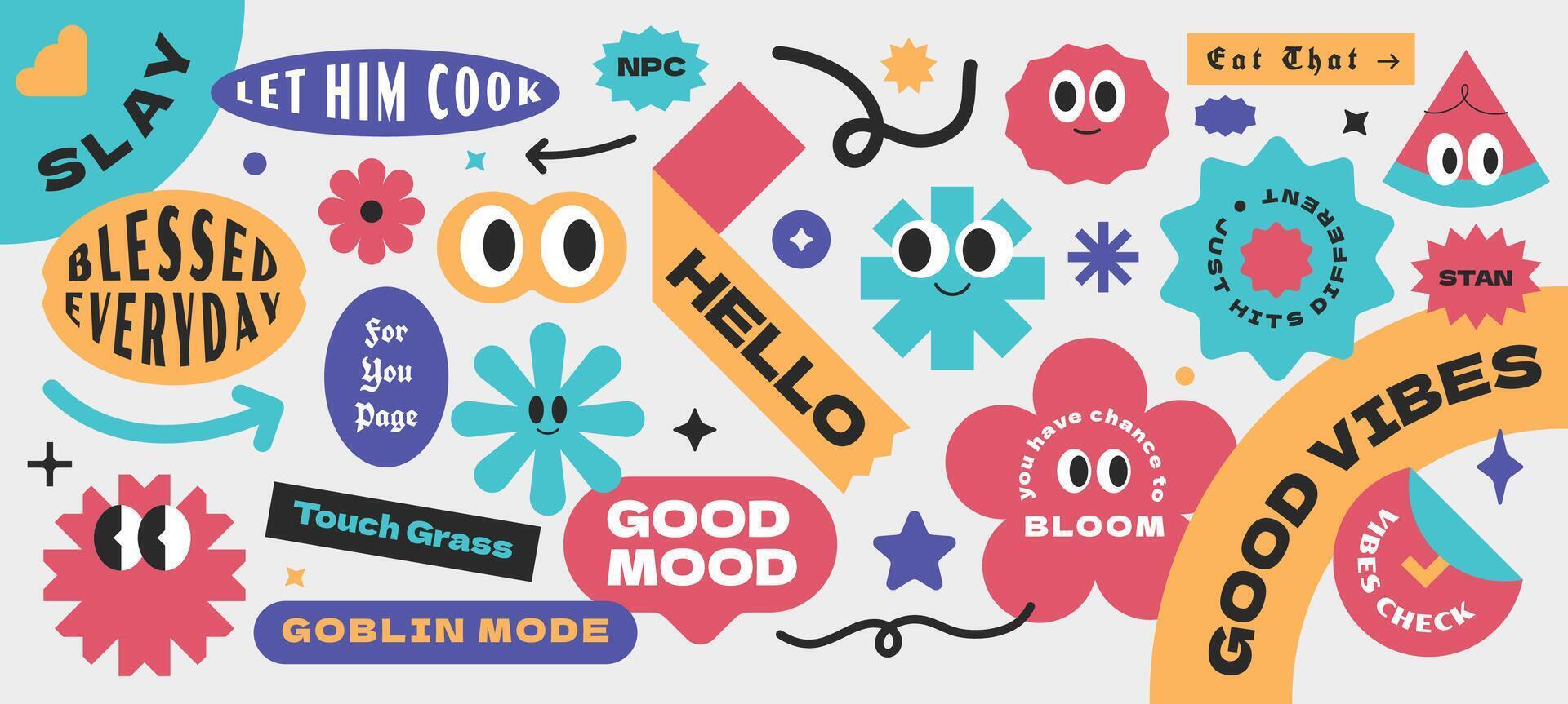 Colorful vintage sticker quotes. Gen z and millenials slang. Funny quotes badge patch. Character cartoon fresh design vector