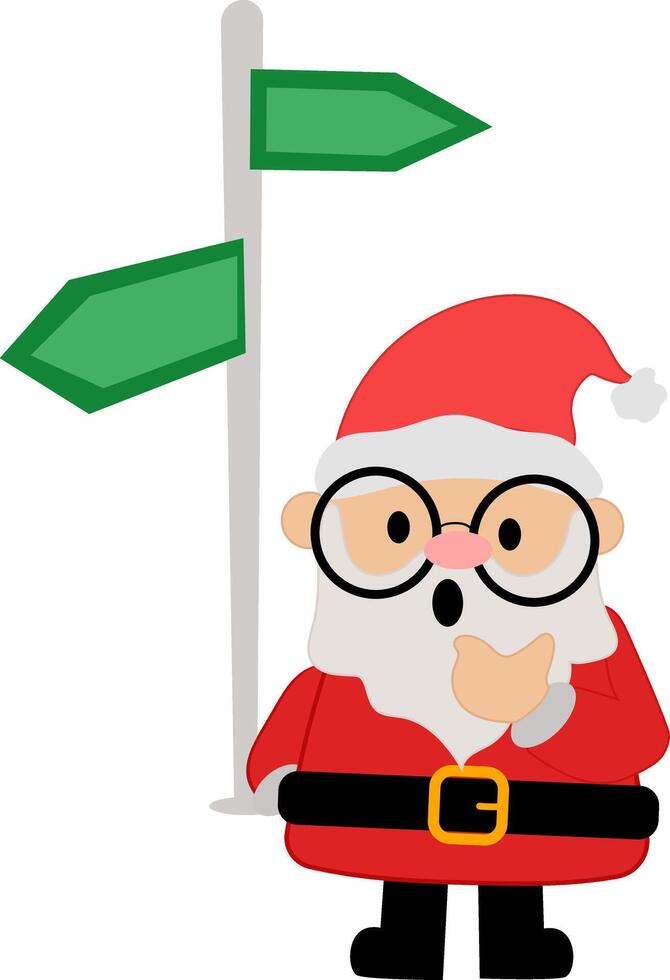 Cartoon Cheerful Santa Claus confused about where to go, santa claus with sign vector