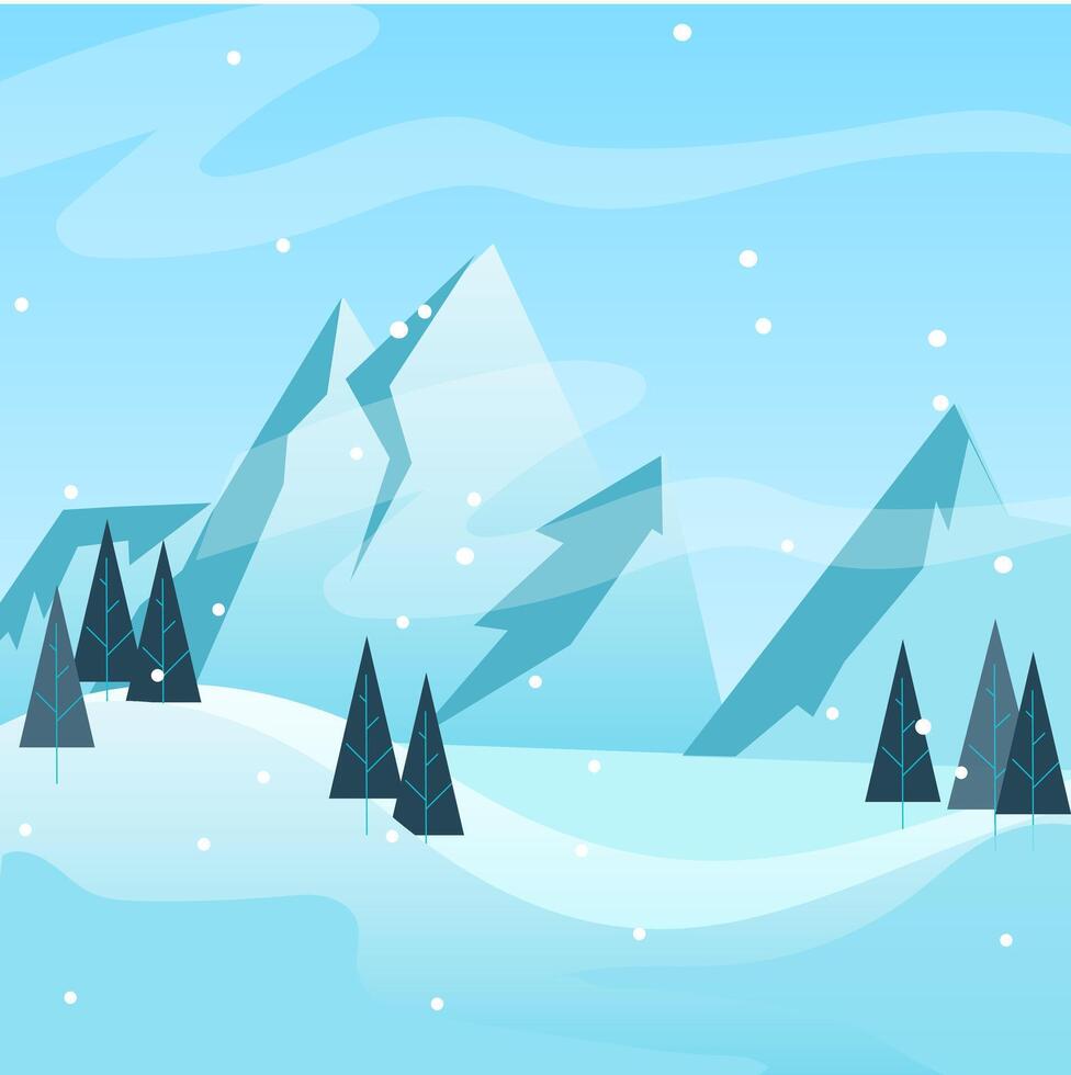winter landscape with mountains, Forest snowscape scene nature icon illustration design, Winter Snowy Mountains Flat Landscape. Christmas Background vector