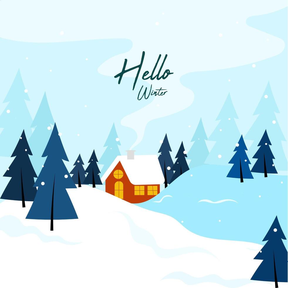 Hello winter background in the snowy garden, winter landscape with christmas tree, Christmas winter landscape with small houses, vector