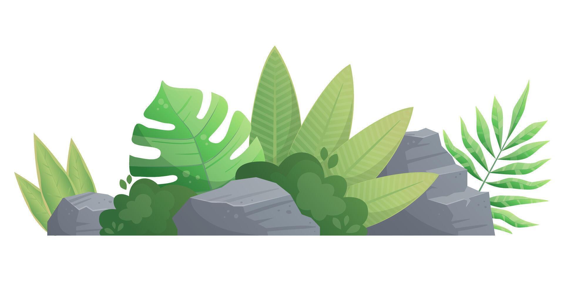 Long Beach Landscape horizontal with stone and tropical plant monstera, fern, succulents isolated on white background. cartoon tropical forest palms icon for game design, templates, prints vector