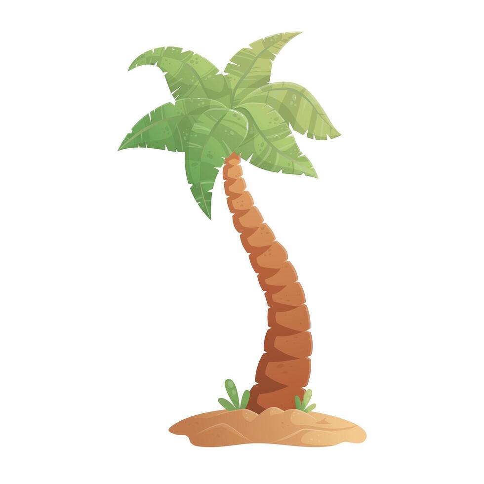 Curved coconut palm in sand and bushes beach landscape with gradient isolated on white background. cartoon tropical forest palms icon for game design, templates, prints vector
