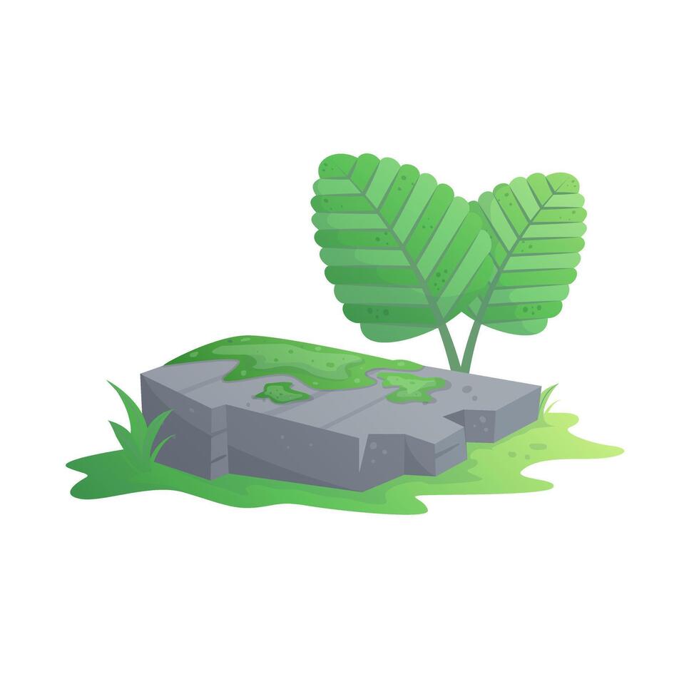 Beach landscape with flat stone, moss and tropical plant isolated on white background. cartoon tropical forest palms icon for game design, templates, prints vector