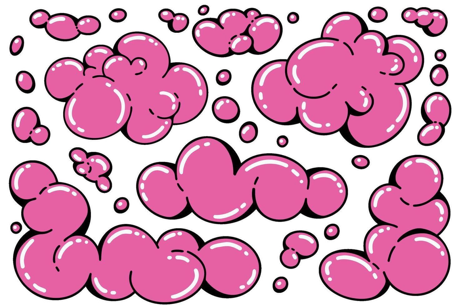 Y2k funky cloud shapes. Playful design. Cartoon retro pink bubbles. Bright soap suds illustration on white background vector