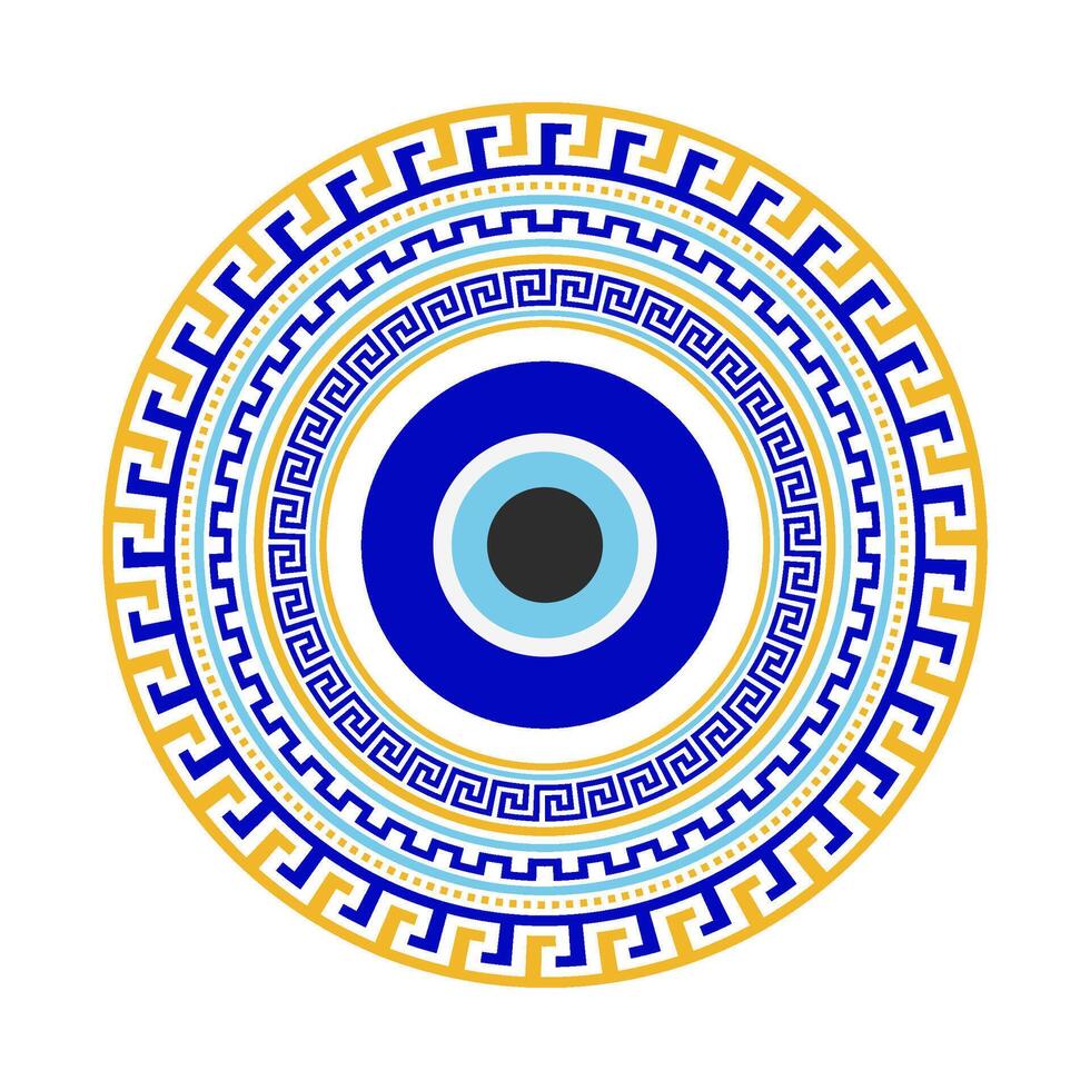 Evil eye amulet with Greek pattern. Turkish blue nazar with Mediterranean meander frame. Circle bead for protection luck and energy. Traditional Islamic magic charm vector