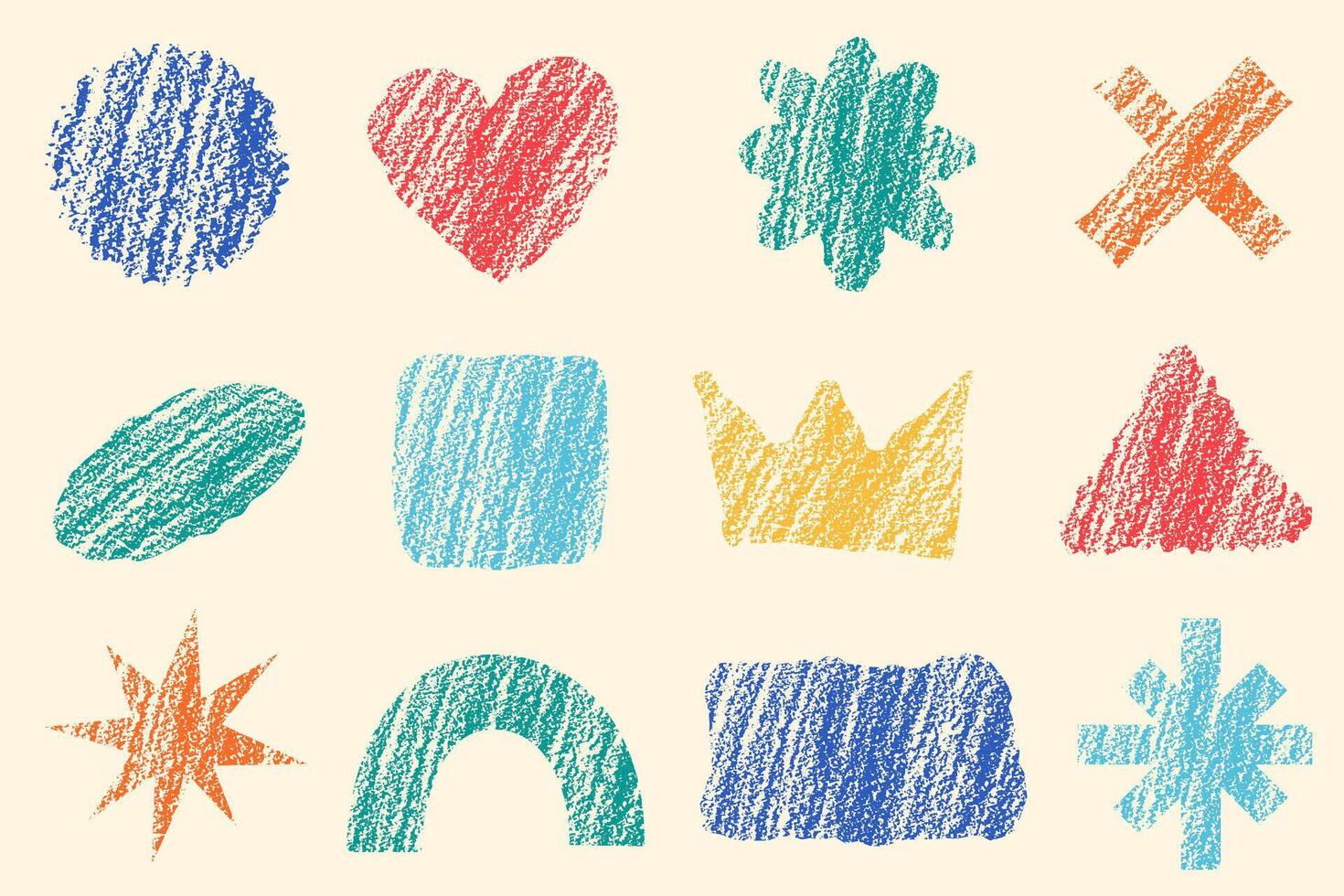 Shapes with crayon texture. Color pencil hand drawn figures. doodle charcoal elements. Geometric abstract chalk scribbles on pastel background. Retro playful collage elements vector
