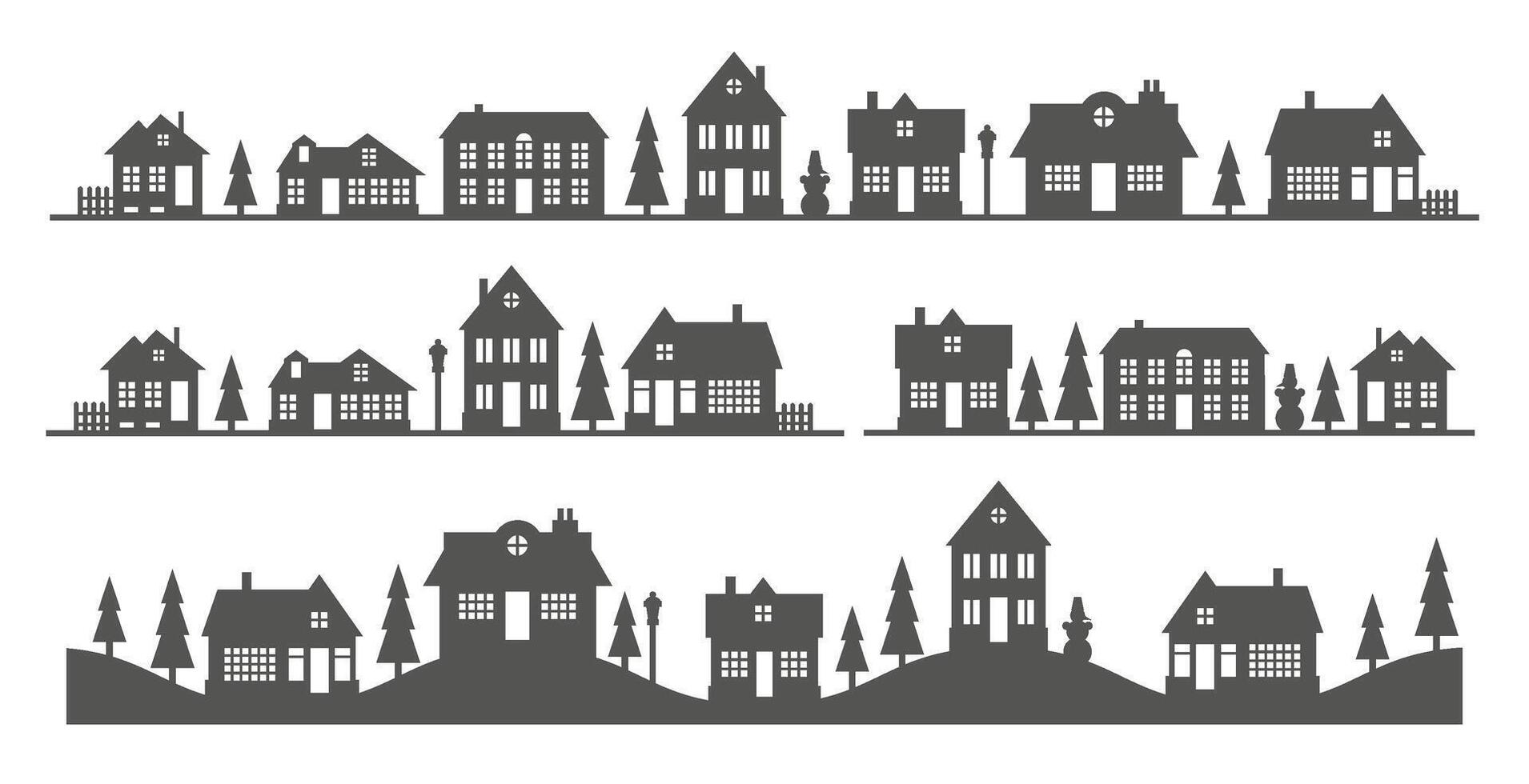 Town and village houses on skyline. Silhouette of small buildings in neighborhood on white background. Christmas rural simple drawing. Winter country landscape with trees in night. vector