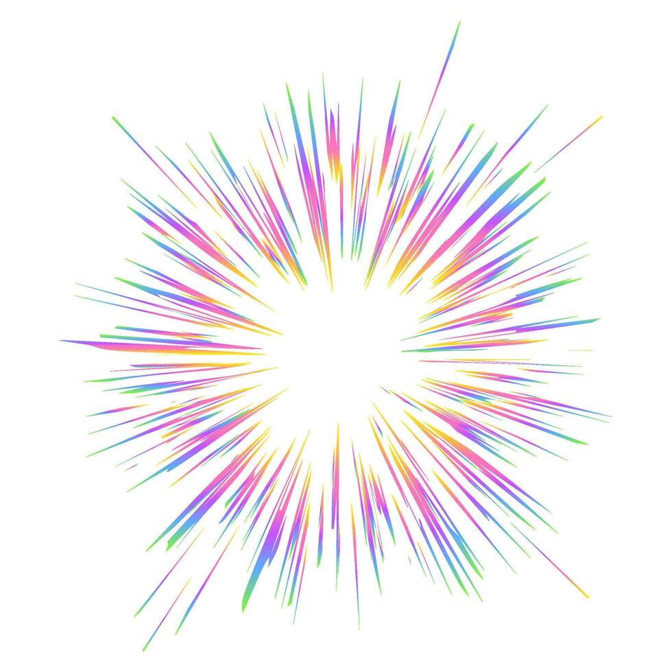 Light burst with rainbow prism effect. Halo flare sparkles of crystal on white background. radial holographic color explosion. Comic speed lines glare beams with sparks and neon reflection. vector
