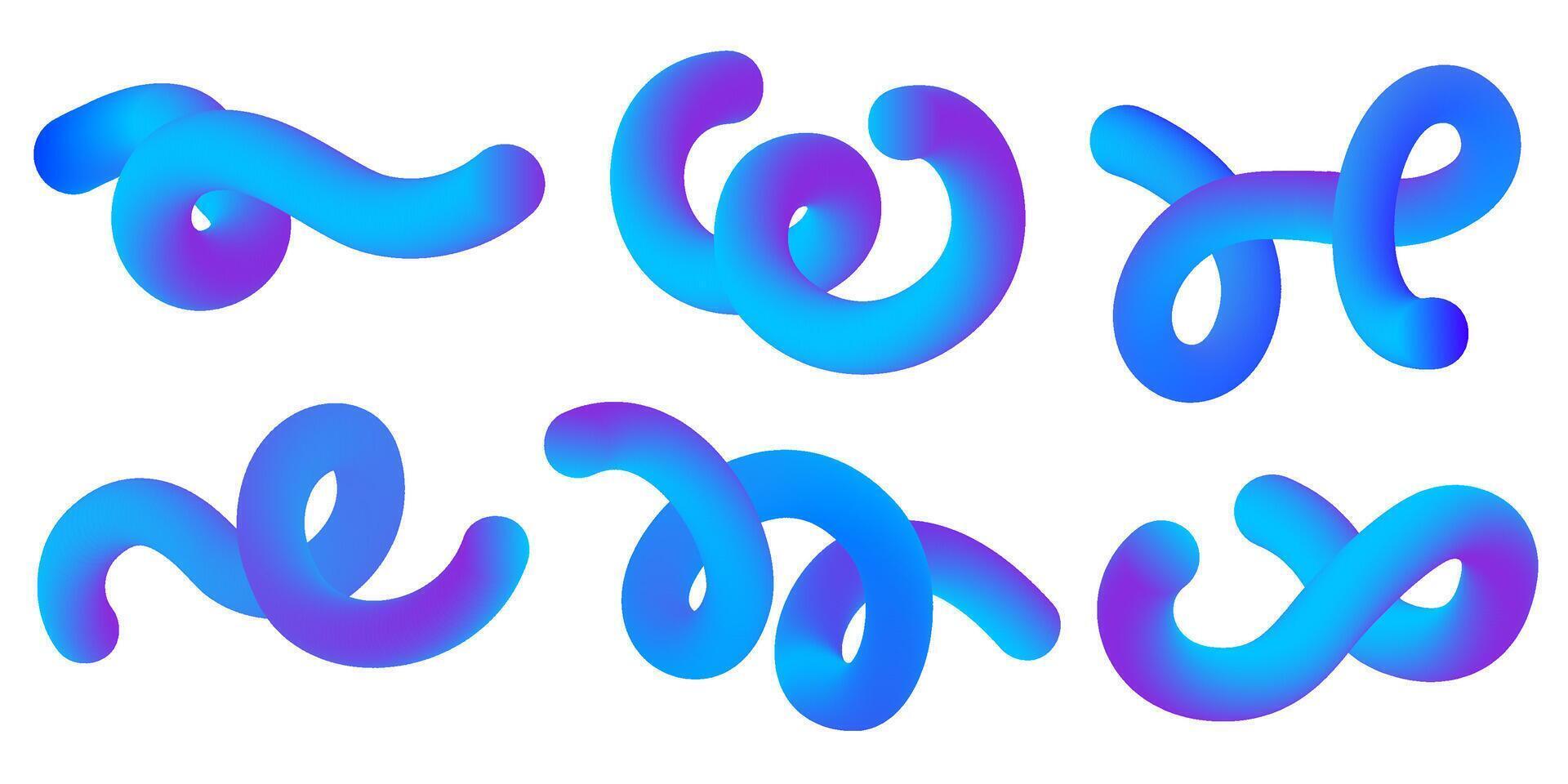 3D gradient abstract shapes on white background. Liquid fluid spiral elements. Swirl dynamic bright blue modern strokes. Wavy blend futuristic vibrant lines. Squiggle neon design vector