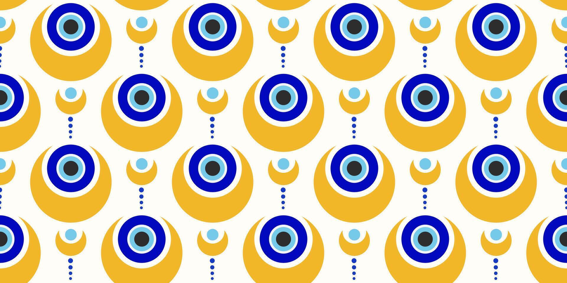 Evil eye Turkish pattern. Greek ornament seamless background with blue beads. Magic nazar amulet. Abstract symbol of luck energy and protection. Mystic ornament with spiritual talismans. vector