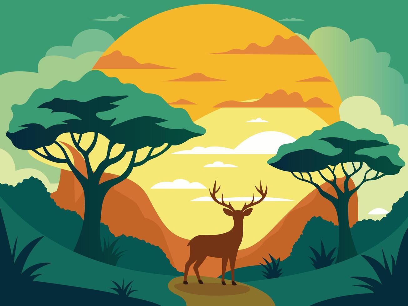 Illustration of natural scenery with tree and wild deer vector