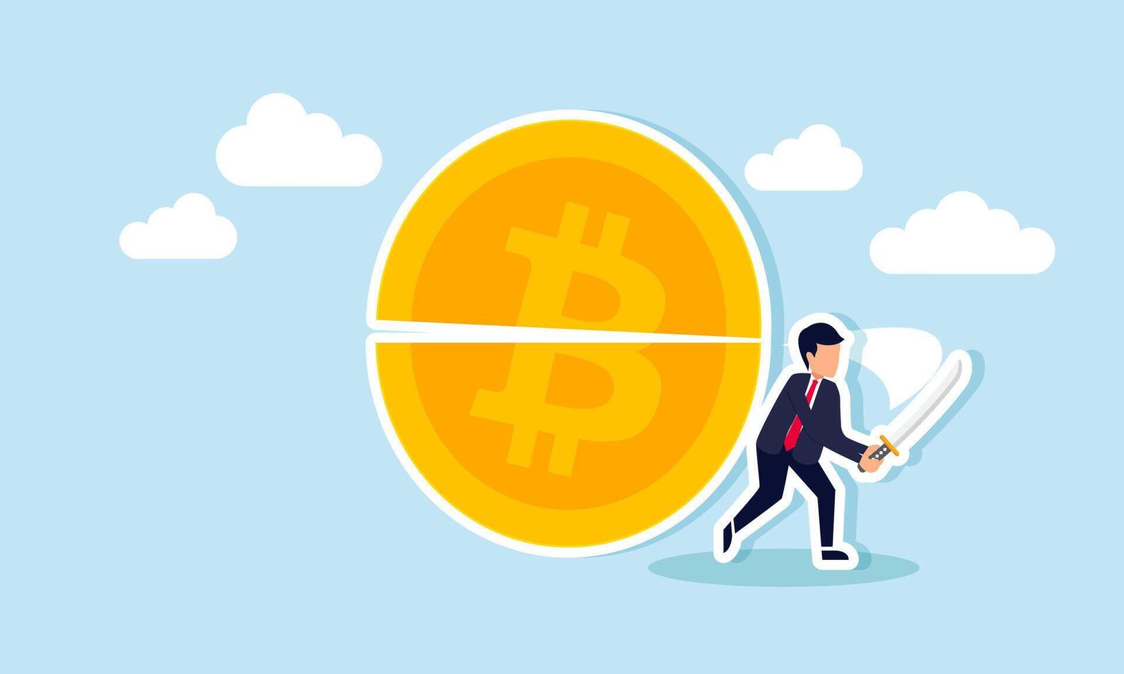businessman slicing a bitcoin in half with a samurai sword, illustration of a chain split to make bitcoin valuation more affordable vector