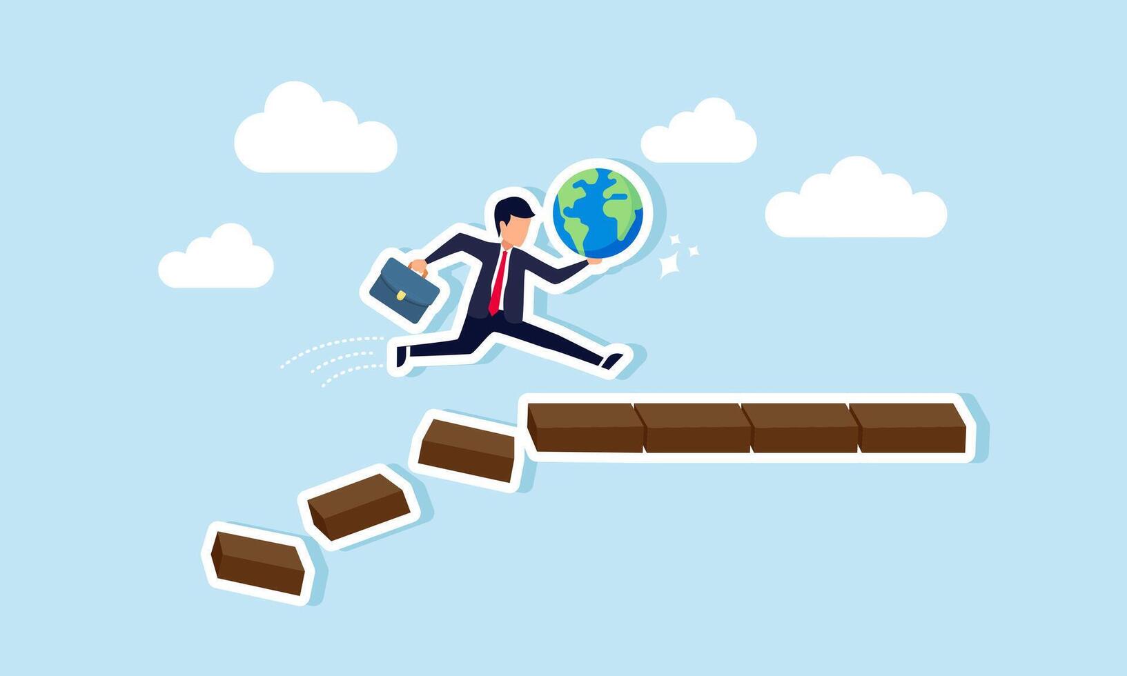 A businessman runs carrying the world, avoiding a collapsing block structure, illustration of securing the world from business practices that harm the environment vector