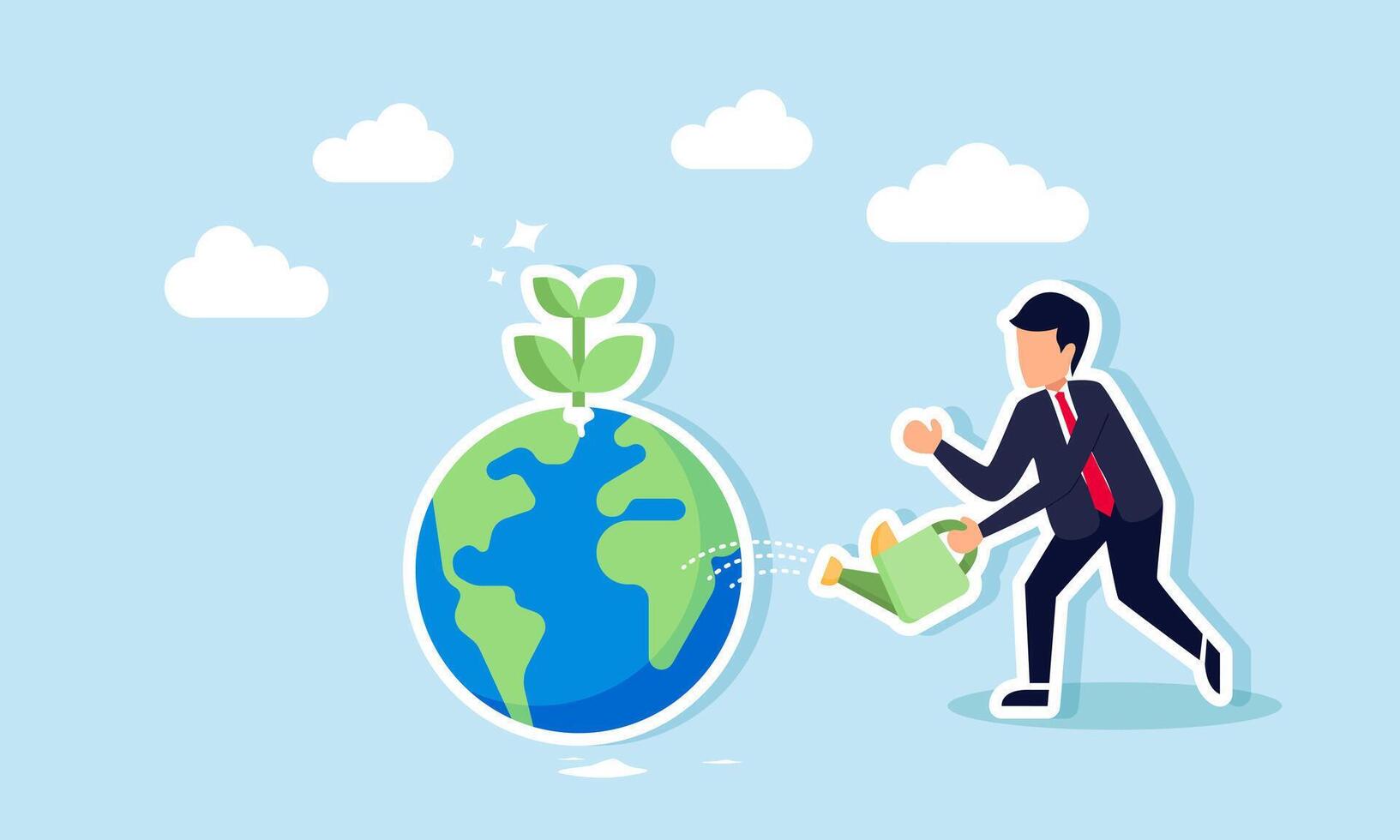 A businessman watering a globe sprouting plants, illustration of efforts to care for nature by building environmentally conscious businesses vector