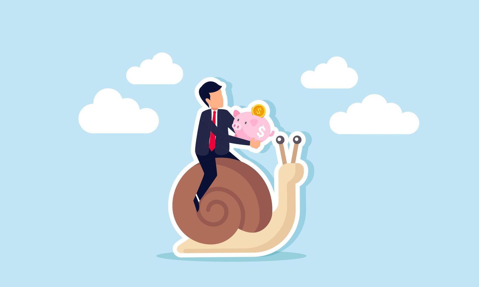 A businessman carrying a piggy bank while riding a snail, illustration of the slow progress of investment asset movement vector