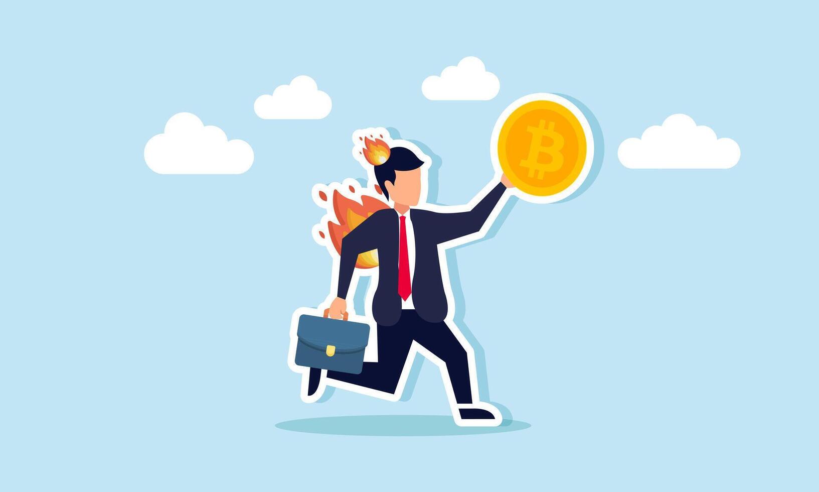 fire burning a businessman holding bitcoin, illustration of loss in bitcoin investment vector