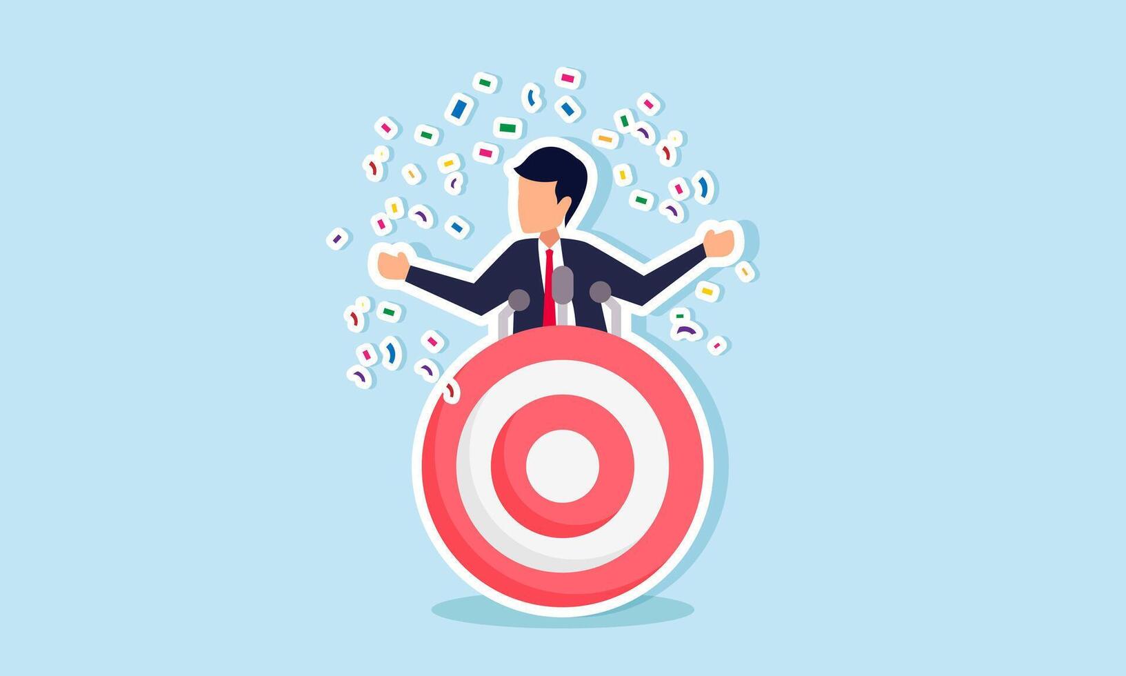 A businessman celebrated for his speech at a target board podium, illustration of celebrating success in achieving company business targets vector