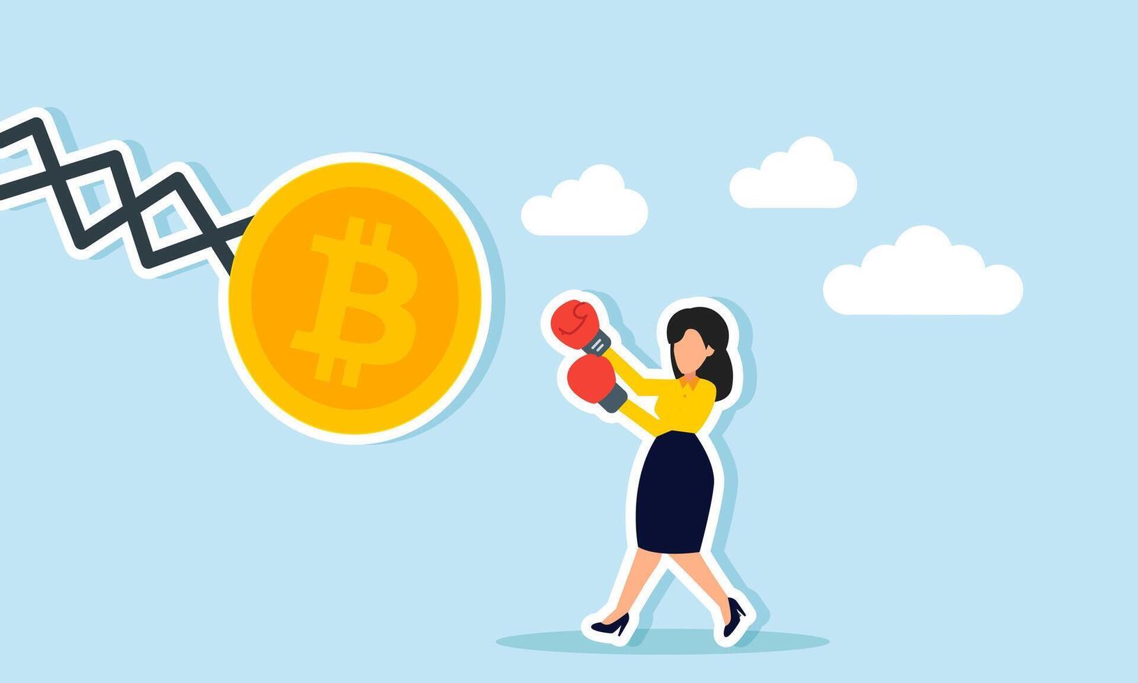 A businesswoman wearing gloves, ready to punch a bitcoin machine, illustration of disagreement with the bitcoin investment model vector