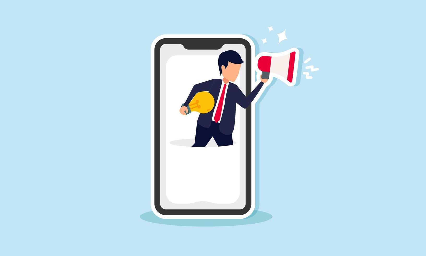 businessman emerging from a smartphone holding a lamp and speaking through a megaphone, illustration of promote and educate about the importance of ideas and innovation vector