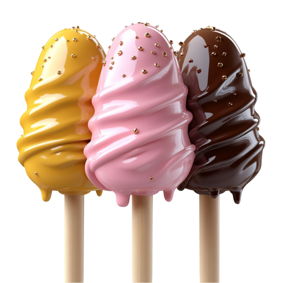 Ice Cream on a Stick with Chocolate, Vanilla, and Strawberry Toppings on Transparent Background png